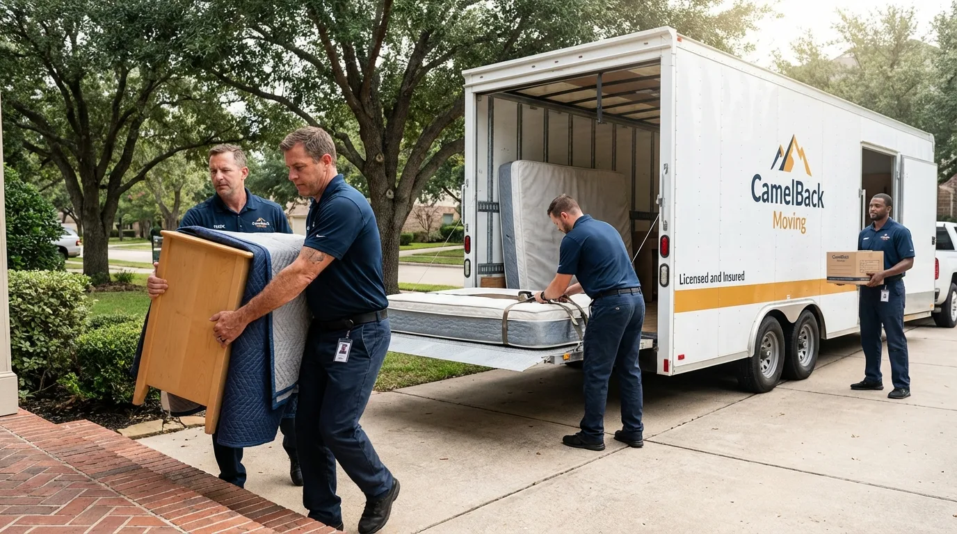 Crew loading residential truck for cross-state move from Avoca, IA