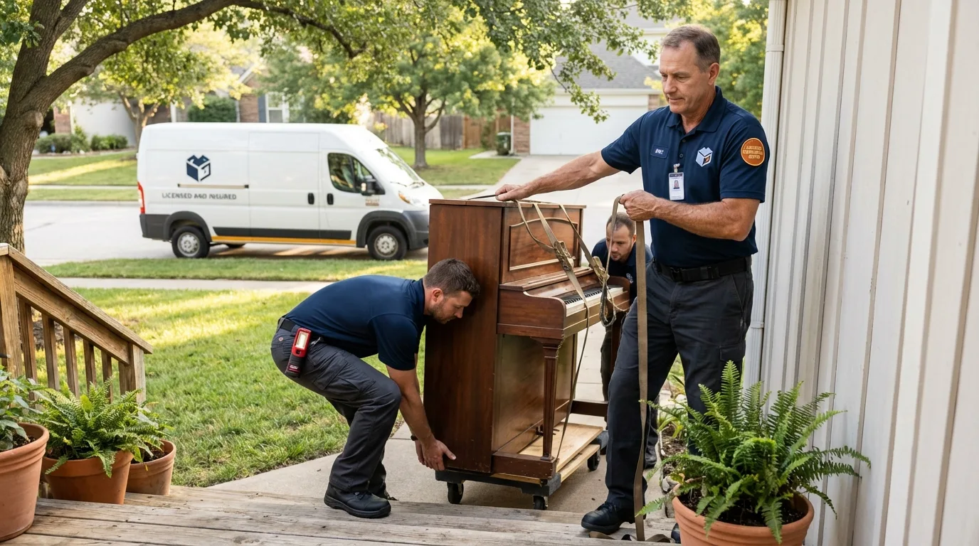 Licensed piano movers securing grand piano in Avoca, IA
