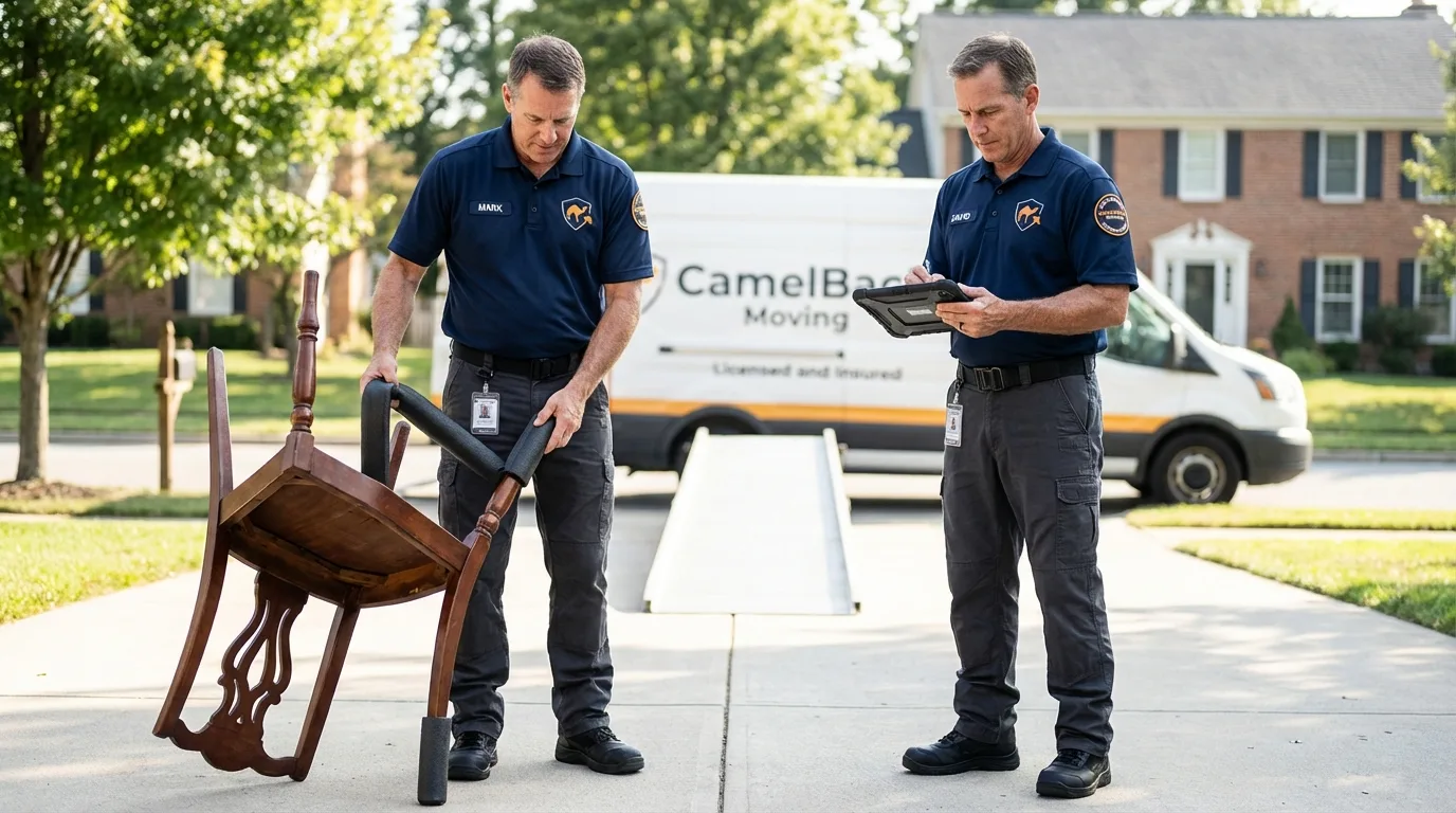 Movers inspecting furniture for damage prevention before loading in Avoca, IA