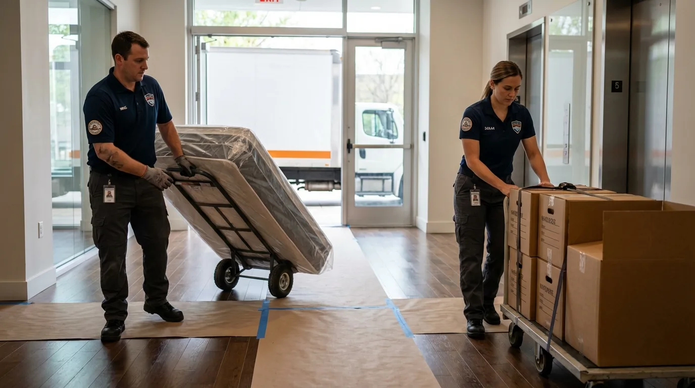 Professional apartment movers loading elevator in Avoca, IA